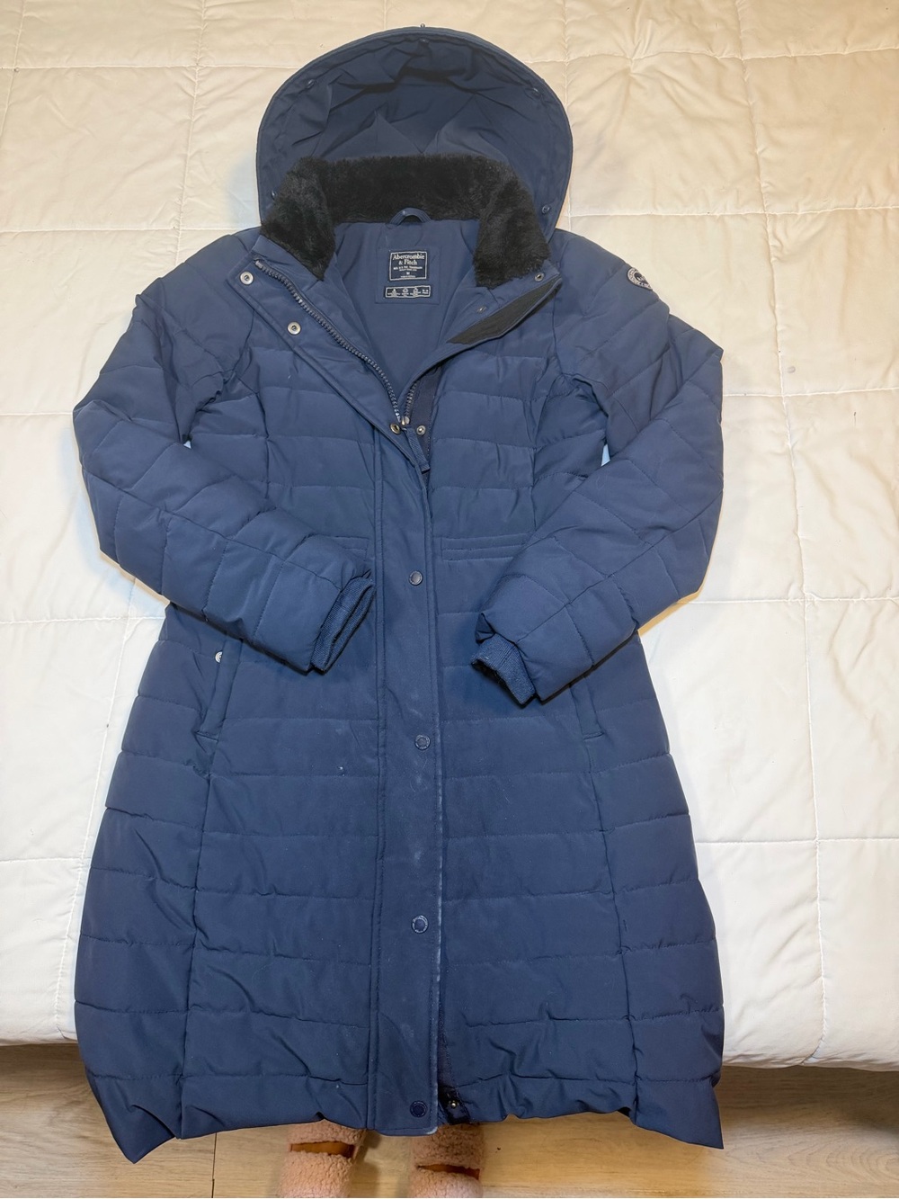 Abercrombie & Fitch Navy Quilted Long Puffer Coat with Faux Fur Trimmed Hood